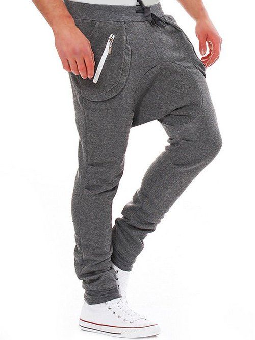 Modish Lacets Minceur Poche Zipper Design Pieds Étroits Polyester Low-Crotch Pants Pour Les Hommes - gris foncé L