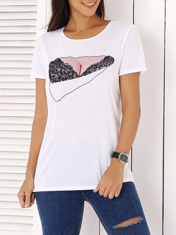 T-Shirt Femme Trendy Imprimer manches courtes en dentelle  's - Blanc ONE SIZE