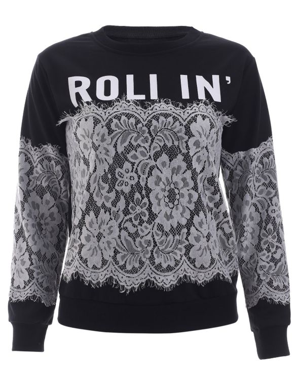 Manches longues Trendy Lettre dentelle Spliced ​​Sweatshirt - Complet Noir 2XL