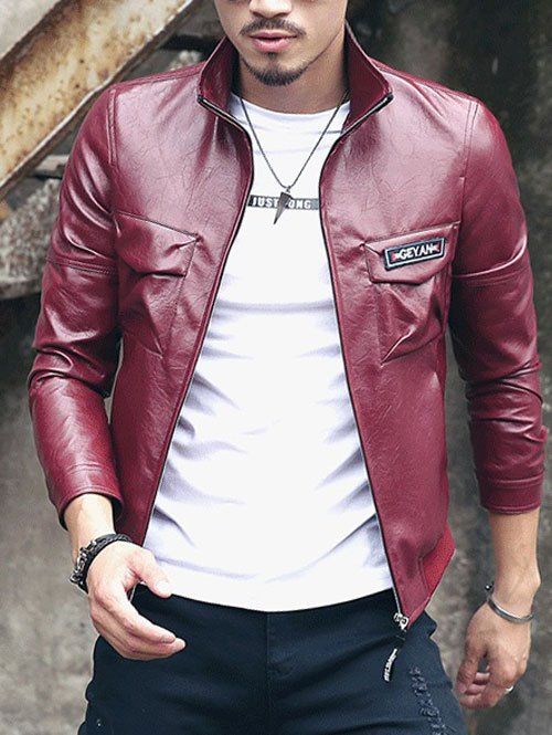 

Fleece Turn-Down Collar Long Sleeve Men's PU-Leather Jacket, Wine red