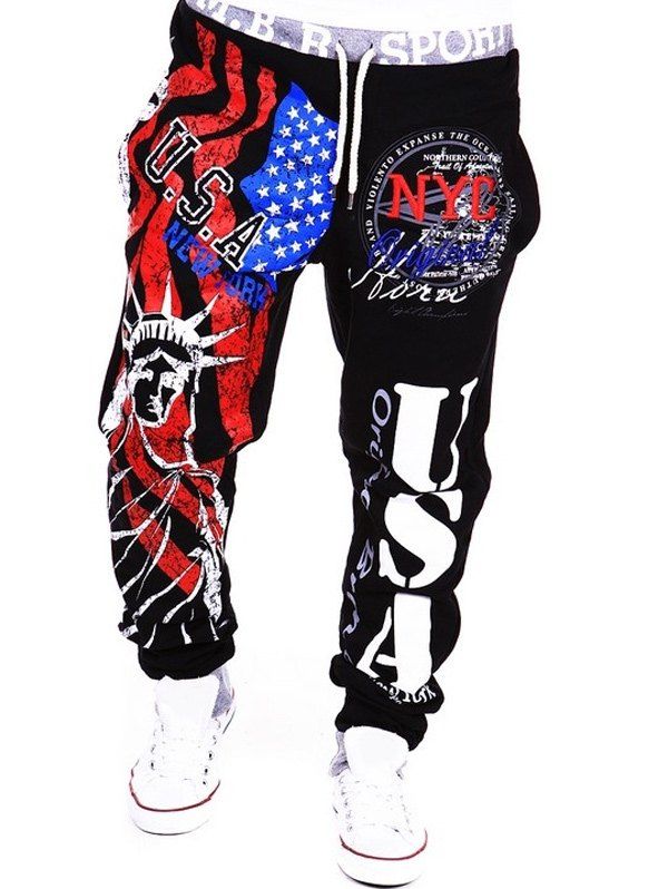 

Beam Feet American Flag Statue of Liberty Letters Print Hit Color Lace-Up Men's Loose Fit Sweatpants, Black