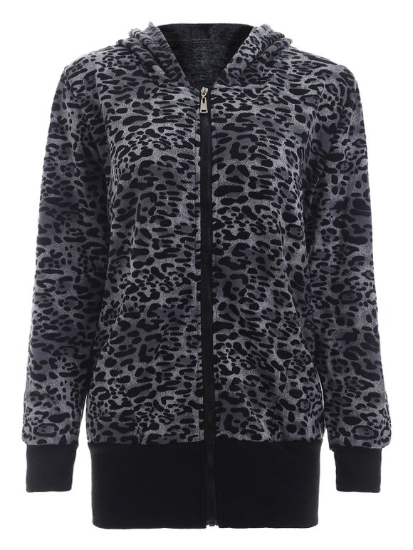 Trendy Long Sleeve Cheetah Print Hooded Zip Up Coat - Léopard 3XL
