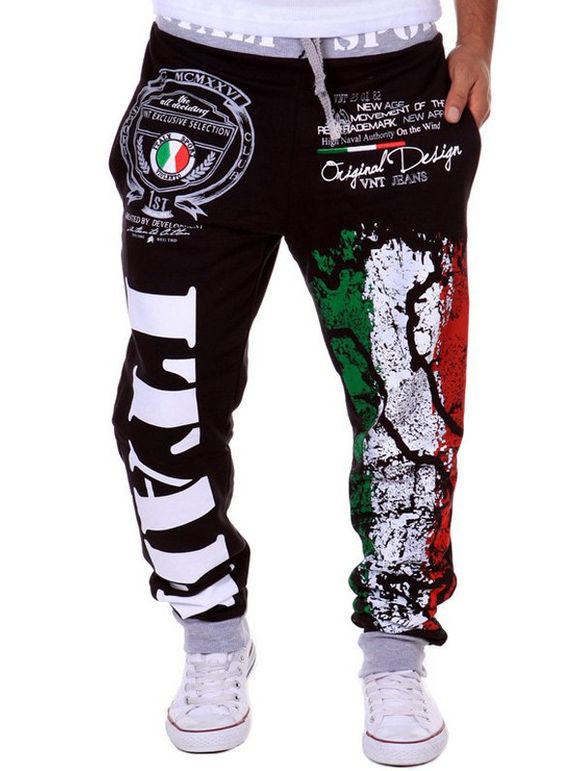 Trendy lacets Loose Fit emblème national Italie Pieds Imprimer Beam polyester Pantalon pour les hommes - Noir M