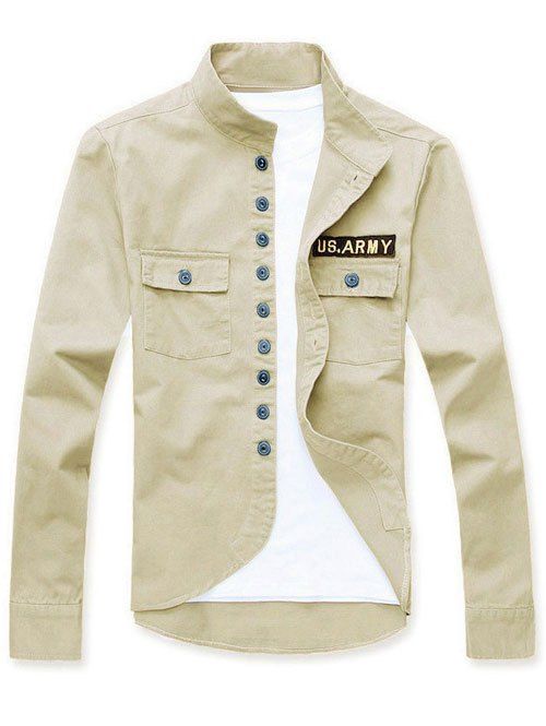 Simple boutonnage Applique pied de col à manches longues Hommes  's Jacket - Blanc Cassé XL
