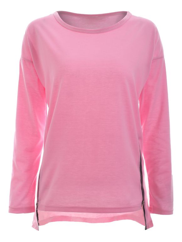 Trendy à manches longues Side Zipper Asymmetric Sweatshirt - Rose clair 2XL