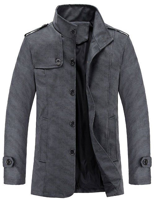 

Epaulet Design Stand Collar Long Sleeve Men's PU-Leather Jacket, Deep gray