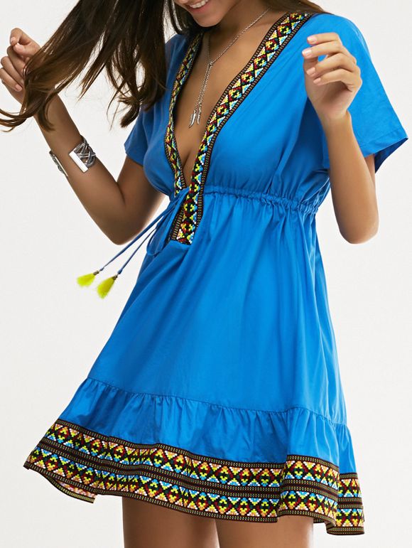 s 'ethnique femmes Style  Slimming Plongeant Neck Low Cut-Robe - Bleu Saphir XL