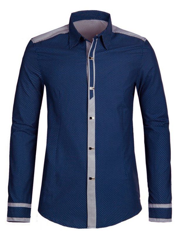 

Polka Dot Splicing Turn-down Collar Men's Long Sleeve Shirt, Sapphire blue