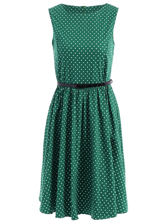 Vintage manches Polka Dot A-ligne de robe pour les femmes - Vert S