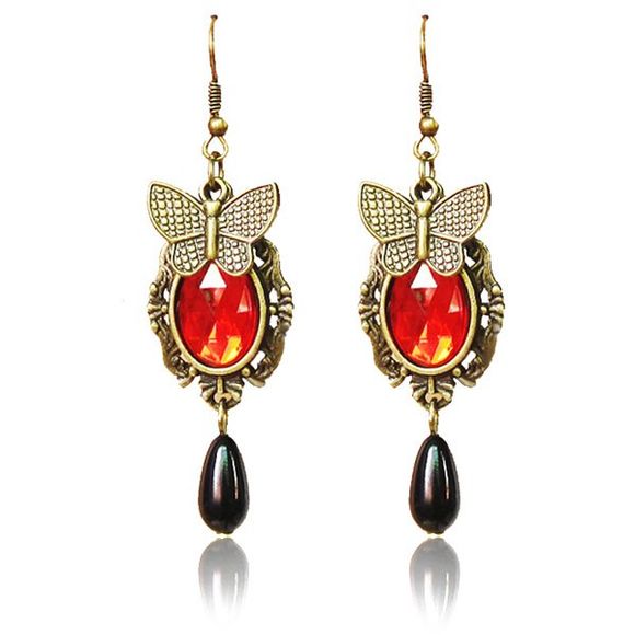 Paire de cuivre Vintage Plaqué Papillon Ovale Faux Cristal Boucles d'oreilles Teardrop - Rouge 