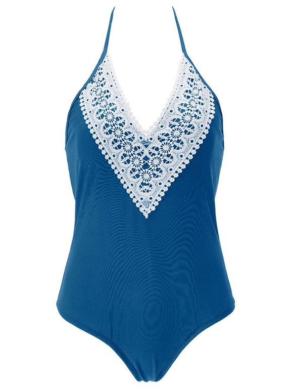 Halter Lace Spliced ​​One-Piece Swimsuit - Bleu Océan XL