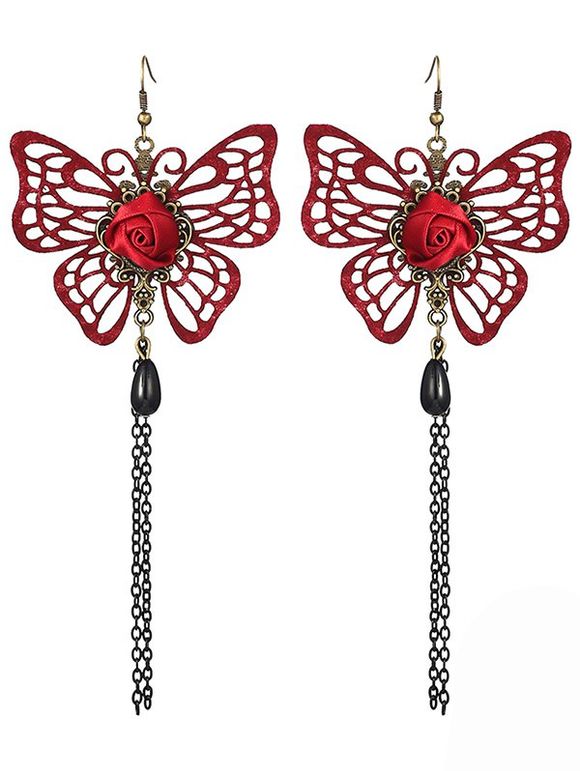 Paire de Hollowed Papillon Rose Chain Fringe Boucles d'oreilles - Rouge 