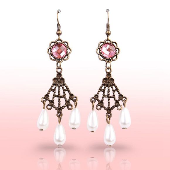Pair of Delicate Fuax Crystal Etched Alloy Teardrop Floral Earrings - Blanc 