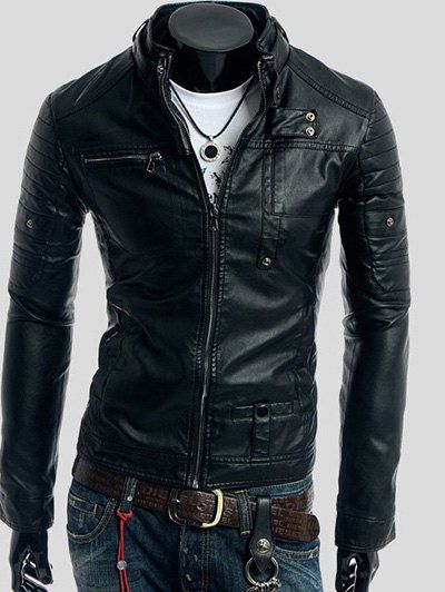 Pied de col à manches longues Rivet Agrémentée Faux Leather Jacket - Noir 2XL