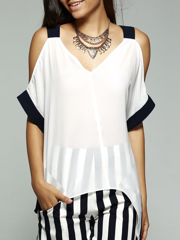 T-shirt à col en V de conception simple femmes  Off-The-épaule - Blanc de Crème L