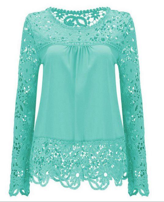 

Solid Color Lace Spliced Hollow Out Blouse, Light blue