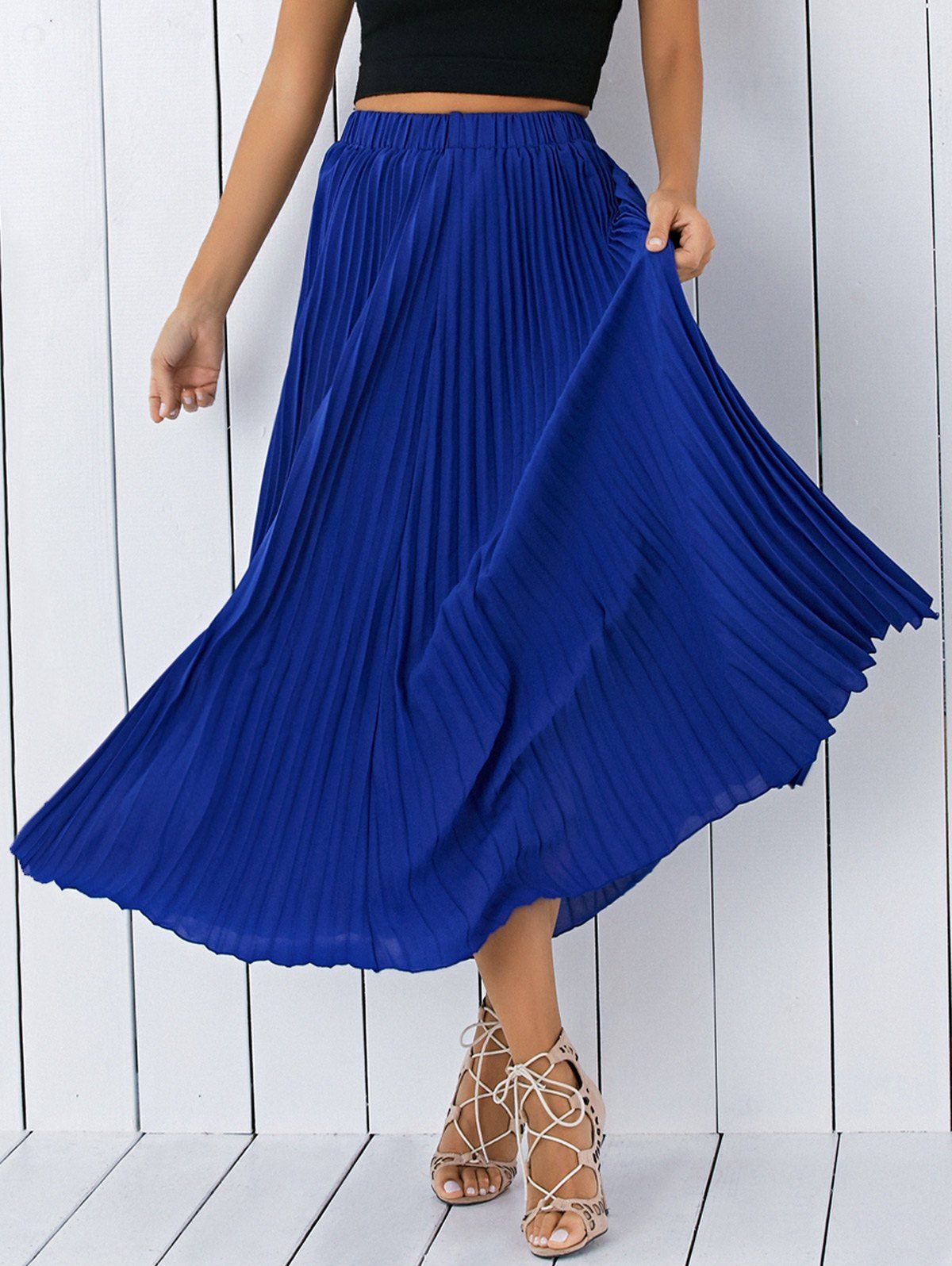 17 Off 2021 High Waisted Pleated Chiffon Tea Length Skirt In Blue Dresslily 5604