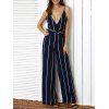 Plunge Superbe Neck Backless Vertical Stripe Palazzo Jumpsuit - Bleu Violet M