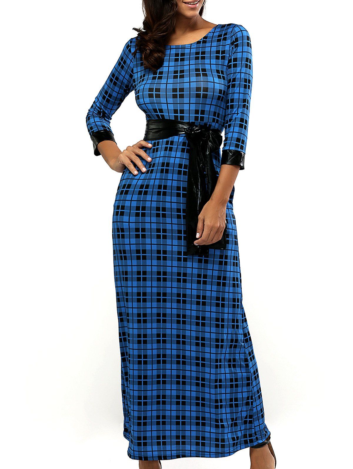[41% OFF] 2021 Retro Women's Plaid Belted Maxi Dress In DEEP BLUE
