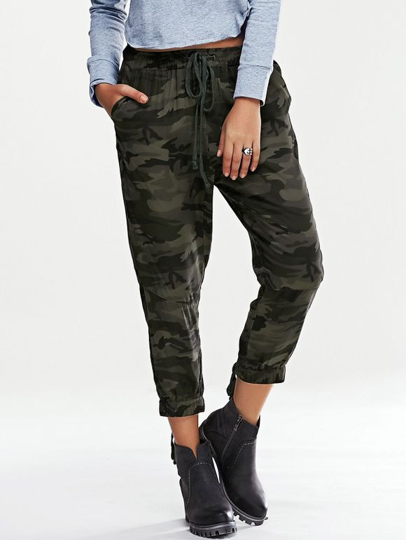 Trendy Lace-Up Elastic Waist Camouflage Print Women's Pants - VERT D'ARMEE Camouflage XL