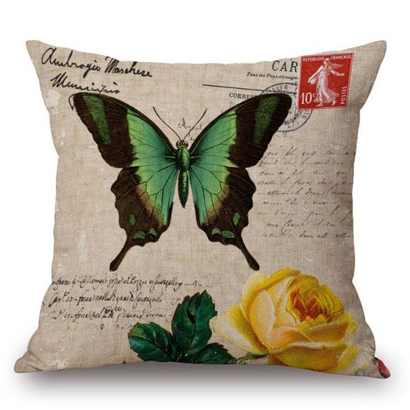 Style rétro Papilio et Rose Taie Imprimé - Kaki Léger 