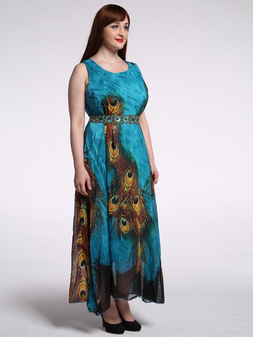 2018 Plus Size Peacock Print Dress PEACOCK BLUE XL In Plus Size Dresses ...
