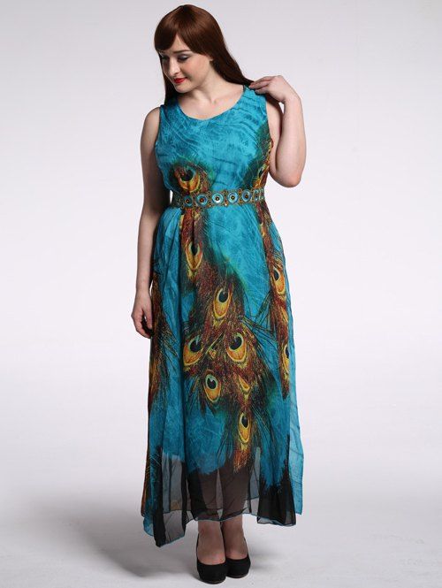 [17% OFF] 2021 Plus Size Peacock Print Dress In PEACOCK BLUE | DressLily