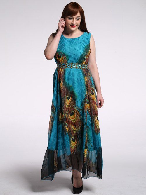 2018 Plus Size Peacock Print Dress PEACOCK BLUE XL In Plus Size Dresses