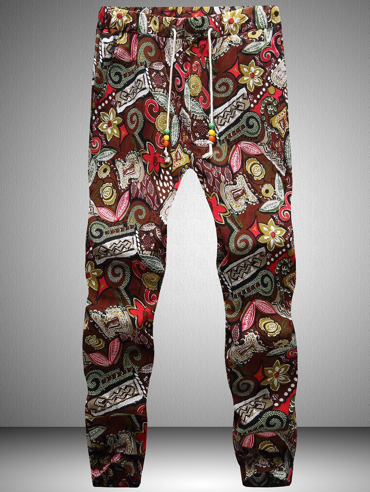 

Retro Drawstring Waist Flower Printed Jogger Pants, Coffee
