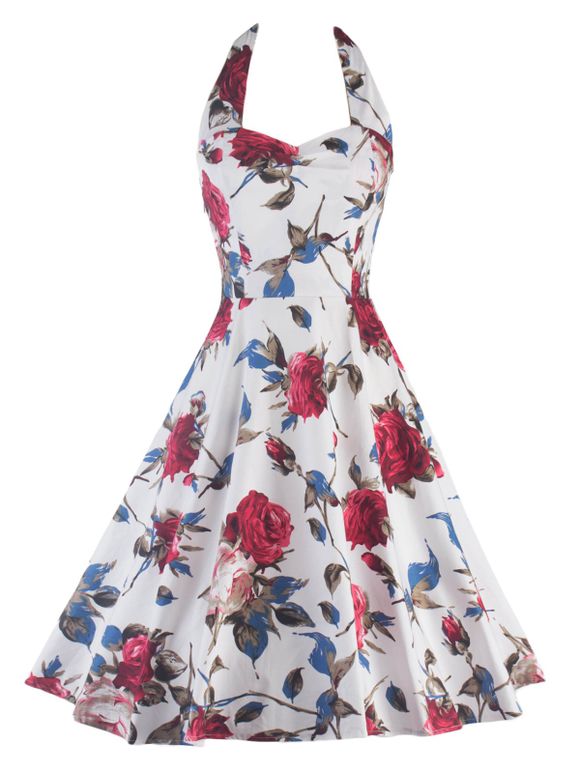 Halter Floral Print Backless Pin Up Dress - Blanc 2XL