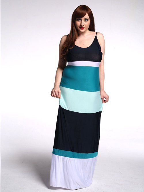 

Plus Size Spaghetti Strap Color Block Splicing Maxi Dress, Stripe
