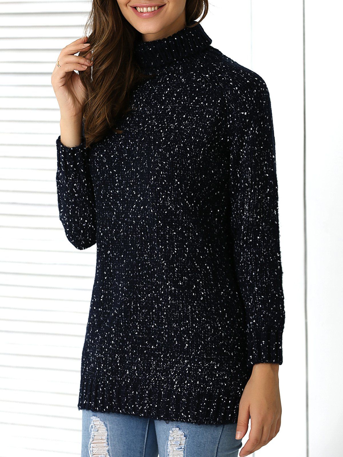 

Heather Ribbed Hem Turtle Neck Sweater, Black