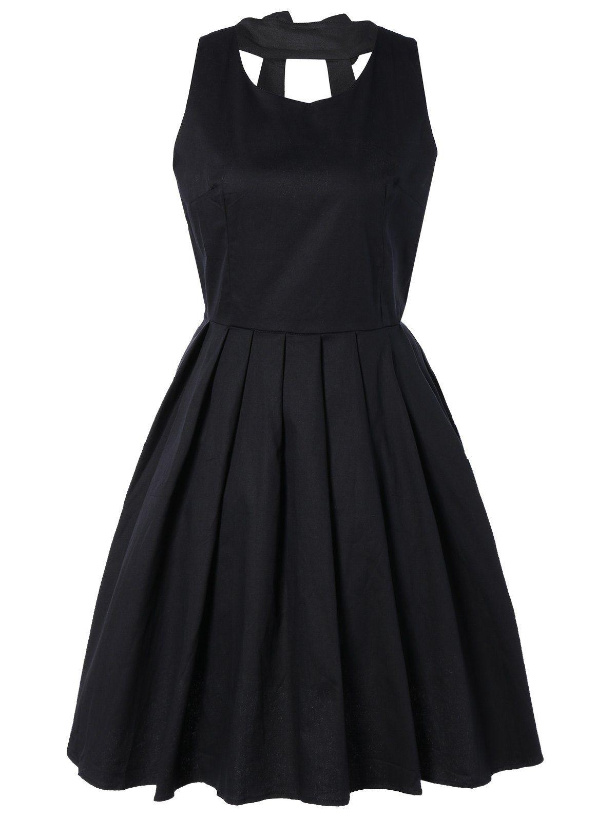 

Pure Color Back Bowknot Hollow Out Pleated Dress, Black