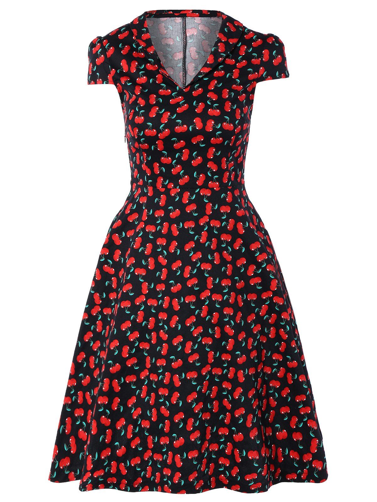 [41% OFF] 2020 Vintage V-Neck Cherry Print Fit And Flare Dress In BLACK ...
