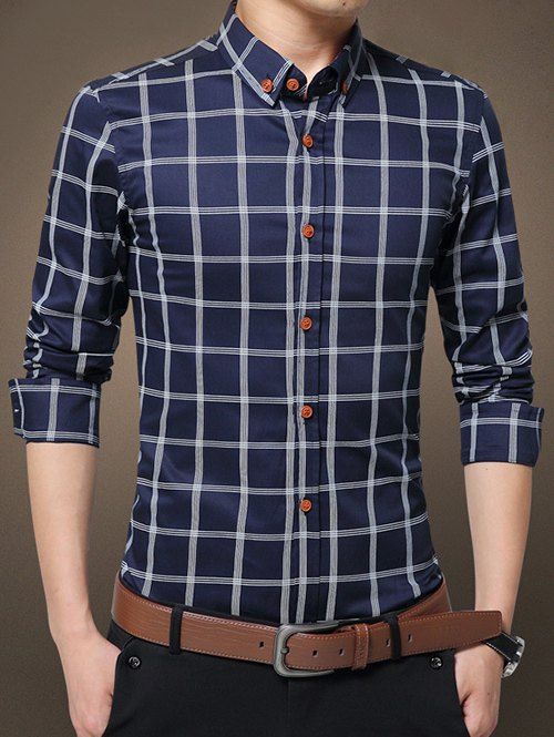 

Turn-Down Collar Long Sleeve Checked Button-Down Shirt, Deep blue