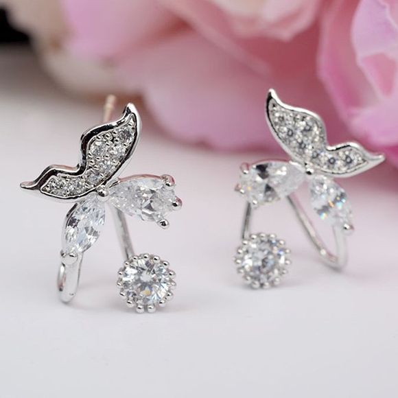 Pair of Stylish Silver Plated Rhinestone Butterfly Earrings - Argent 