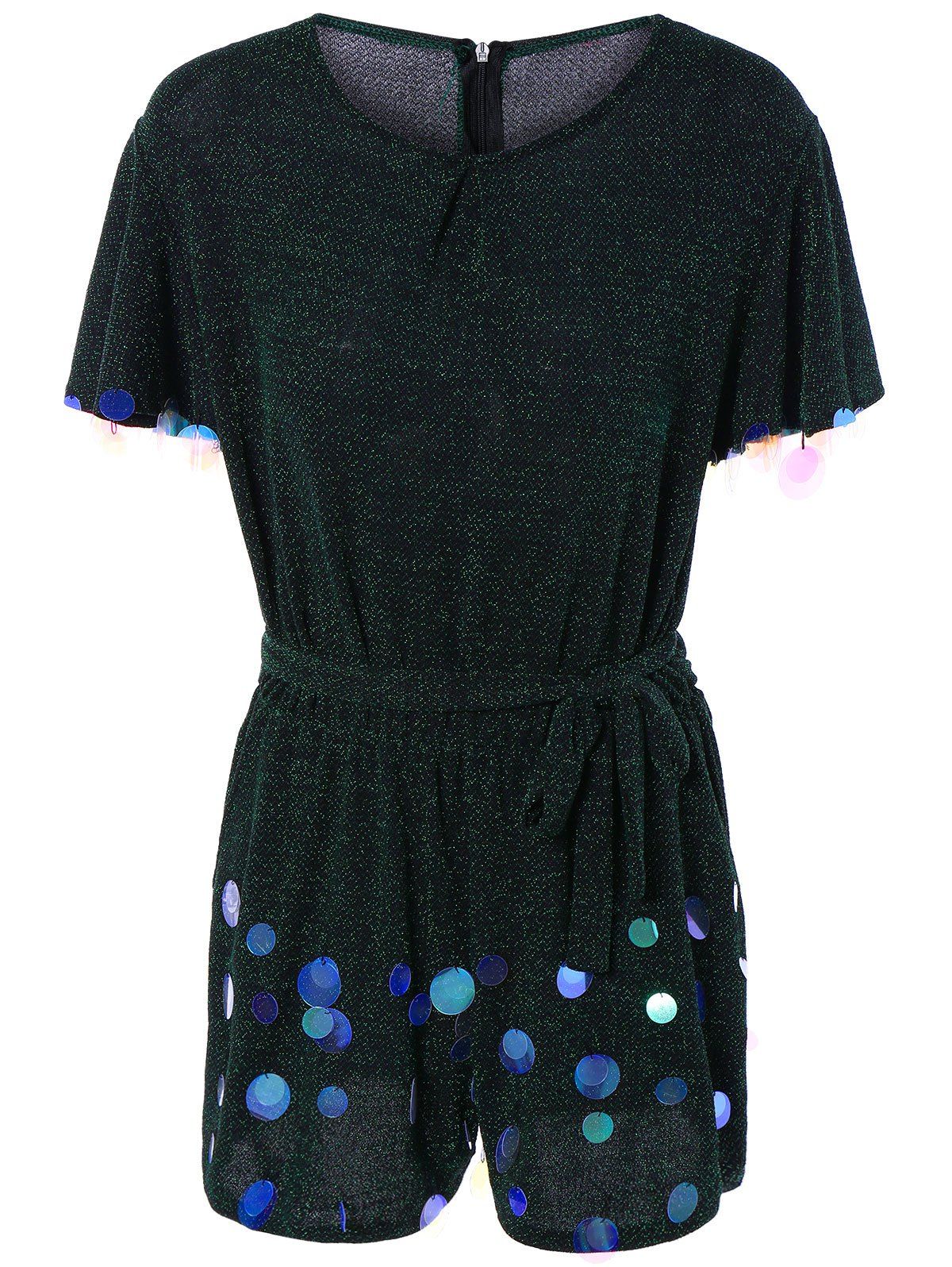 

Bowknot Tie Round Neck Sequined Romper, Green
