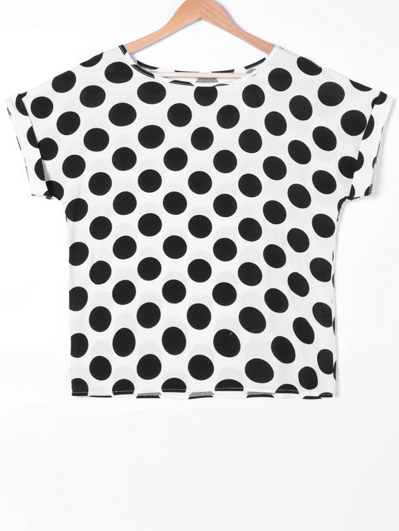 Polka Dot Doux Imprimer Cuffed Sleeve T-Shirt - Blanc et Noir XL