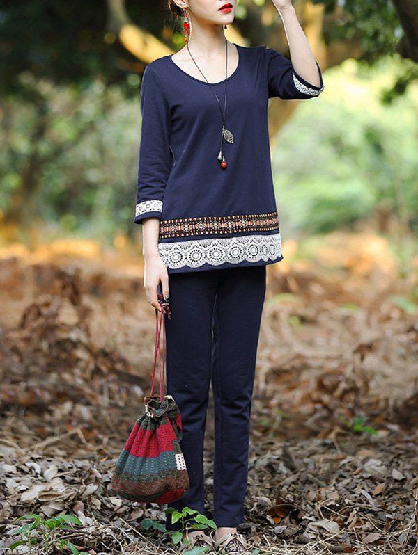 

Ethnic Laciness Top and Pure Color Pants Suit For Women, Sapphire blue