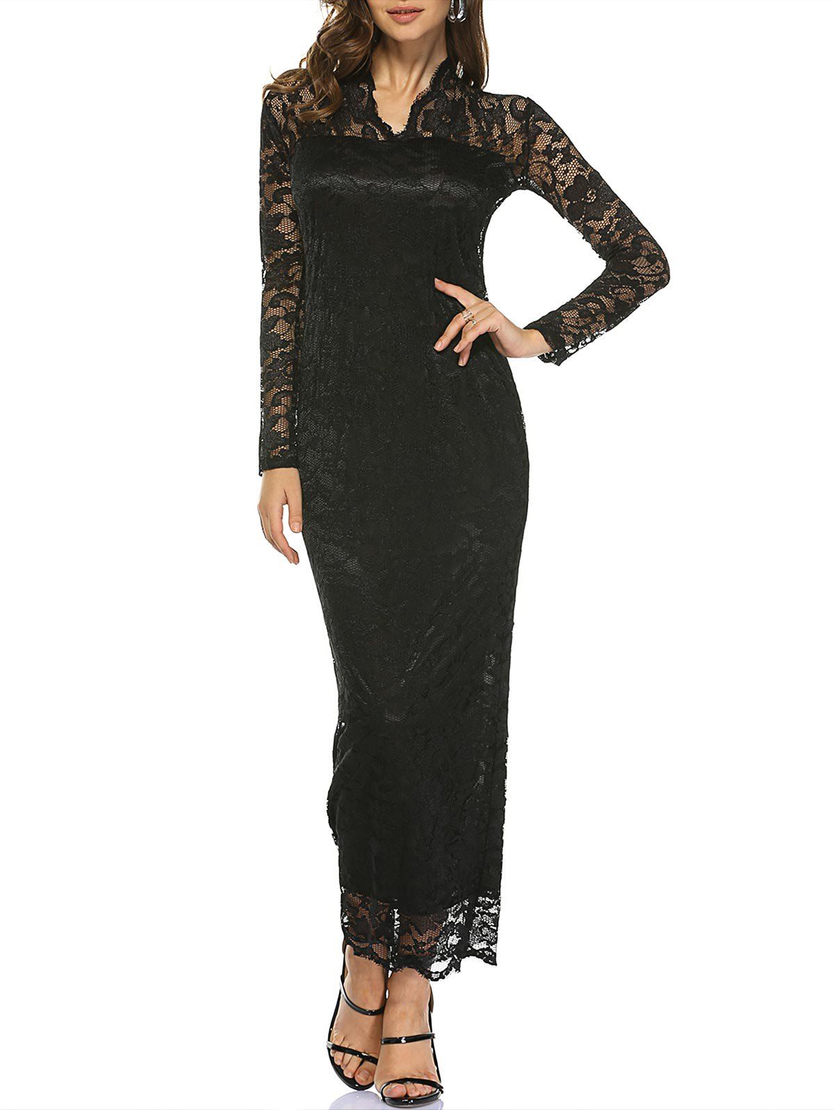 

Laciness Wavy Cut See-Through Sheath Dress, Black
