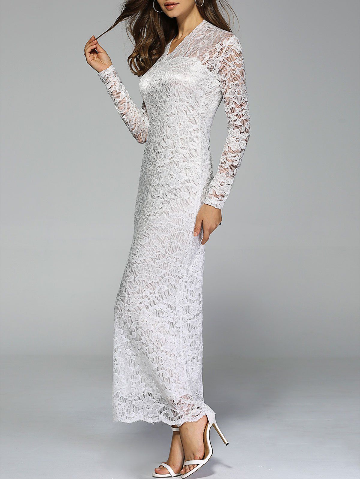 

Laciness Wavy Cut See-Through Sheath Dress, White