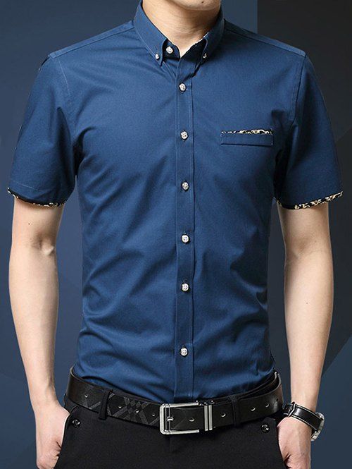 

Plus Size Floral Edging Turn-Down Collar Short Sleeve Button-Down Shirt, Deep blue