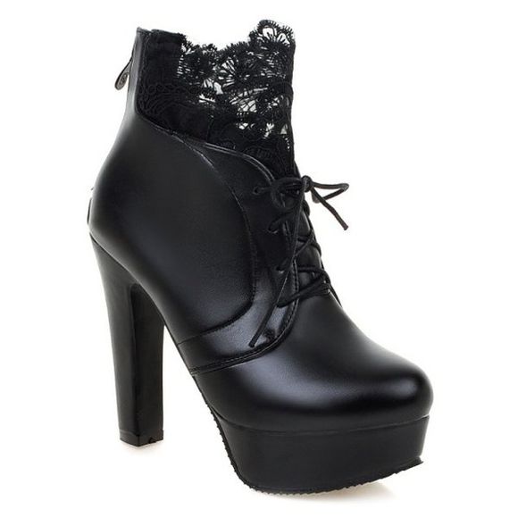 Chunky Heel Lace Splicing Ankle Boots - Noir 39