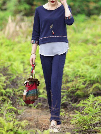 

Casual Faux Two-Piece Top and Solid Color Pants Suit For Women, Sapphire blue
