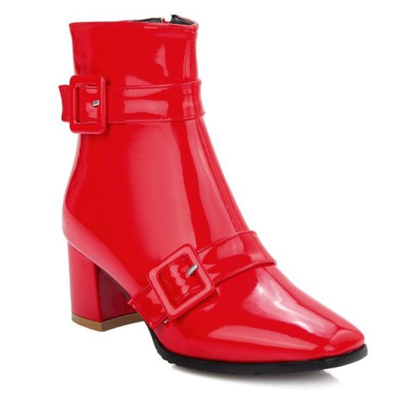 Square Toe Buckles Patent Leather Short Boots - RED 38