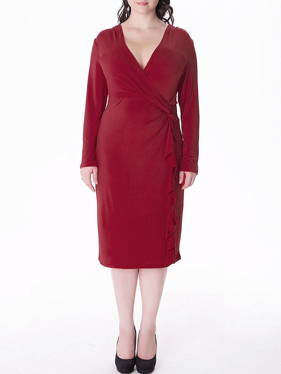 

Plus Size Flounce Long Sleeve Sheath Business Midi Dress, Deep red