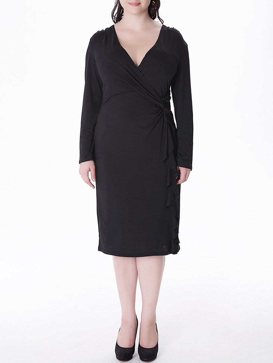 

Plus Size Flounce Long Sleeve Sheath Business Midi Dress, Black