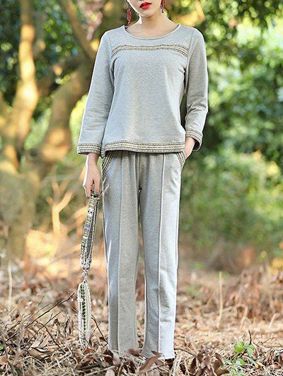 

Simple Woven Hem Top and Pants Suit For Women, Gray