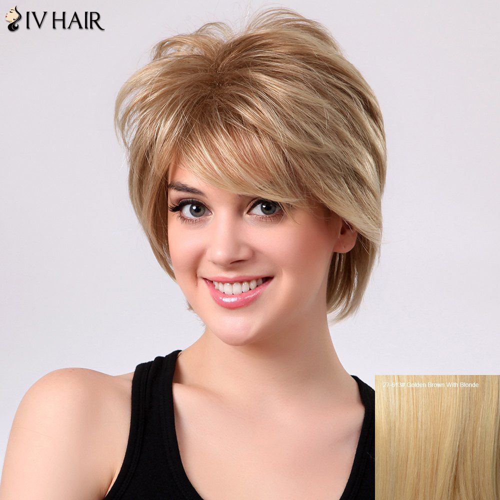 Fluffy Natural Straight Layered Siv Hair Side Bang Capless Human Hair Short Wig Golden