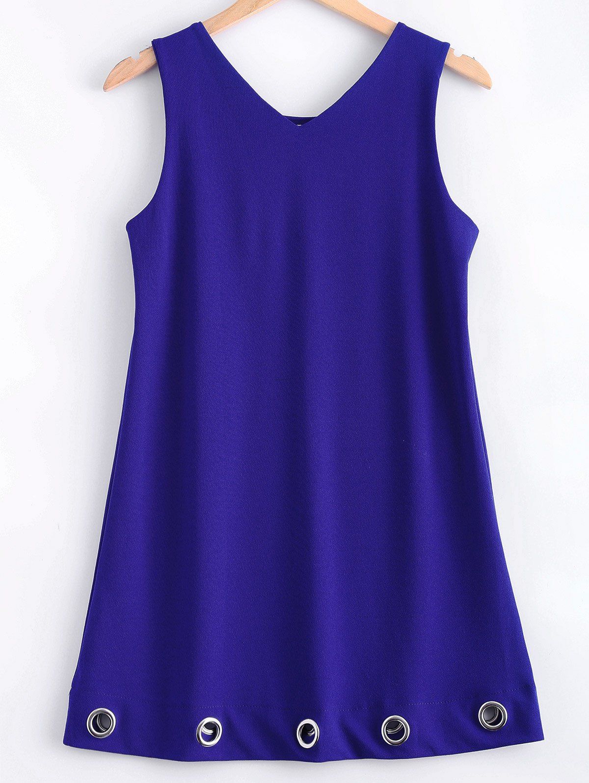

V-Neck Eyelet Button Embellished Tent Dress, Sapphire blue